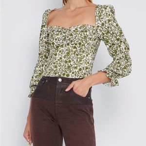 Floral Square-Neck Puff Sleeve Blouse - Green/White